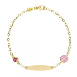 Ταυτότητα Παιδική Ασημένια 925 Επιχρυσωμένη Με Στρόγγυλο “ic xc ni ka” Με Ροζ Σμάλτο & Ματάκι TGS-21309Y