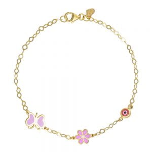Βραχιόλι Ασημένιο 925 Επιχρυσωμένο Με Μαργαρίτα Πεταλούδα Με Ροζ Σμάλτο & Ματάκι TGS-21275Y