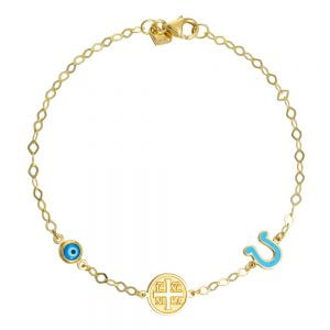 Βραχιόλι Ασημένιο 925 Επιχρυσωμένο Με Στρόγγυλο “IC XC NI KA”, Πέταλο Με Μπλε Σμάλτο & Ματάκι TGS-21289Y
