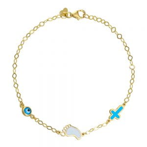 Βραχιόλι Ασημένιο 925 Επιχρυσωμένο Με Πατουσάκι, Σταυρουδάκι Με Σμάλτο & Ματάκι TGS-21291Y