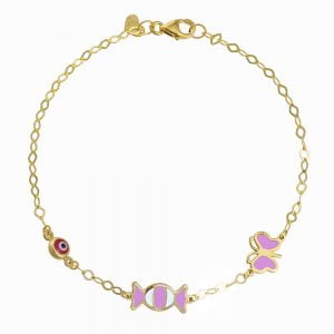 Βραχιόλι Ασημένιο 925 Επιχρυσωμένο Με Καραμέλα Πεταλούδα Με Ροζ Και Άσπρο Σμάλτο & Ματάκι TGS-21276Y