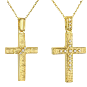 Γυναικείος Σταυρός Με Αλυσίδα 40cm Χρυσός 14K Διπλής Όψης Ματ Με Λευκές Πέτρες Ζιργκον AFS-21442Y