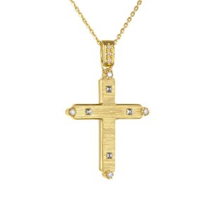Γυναικείος Σταυρός Με Αλυσίδα 40cm Χρυσός 14K Διπλής Όψης Με Λευκές Πέτρες Ζιργκον AFS-21437Y