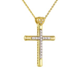 Γυναικείος Σταυρός Με Αλυσίδα 40cm Χρυσός 14K Διπλής Όψης Με Λευκές Πέτρες Ζιργκον AFS-21439Y