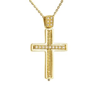 Γυναικείος Σταυρός Με Αλυσίδα 40cm Χρυσός 14K Διπλής Όψης Με Λευκές Πέτρες Ζιργκον AFS-21440Y
