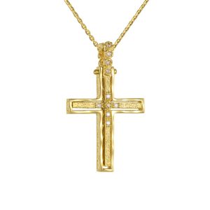 Γυναικείος Σταυρός Με Αλυσίδα 40cm Χρυσός 14K Διπλής Όψης Ματ Με Λεπτομέρειες Από Λευκές Πέτρες Ζιργκον AFS-21441Y