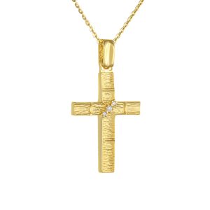 Γυναικείος Σταυρός Με Αλυσίδα 40cm Χρυσός 14K Διπλής Όψης Ματ Με Λευκές Πέτρες Ζιργκον AFS-21442Y