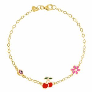 Βραχιόλι Ασημένιο 925 Επιχρυσωμένο Με Κερασάκι, Μαργαρίτα & Ματάκι TGS-21281Y