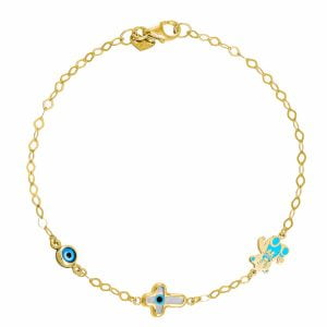 Βραχιόλι Ασημένιο 925 Επιχρυσωμένο Με Σταυρουδάκι, Αρκουδάκι & Ματάκι TGS-21284Y