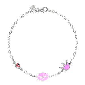Βραχιόλι Ασημένιο 925 Με Οβάλ Μπαλαρίνα & Κορώνα Με Ροζ Σμάλτο Και Ματάκι TGS-21268W