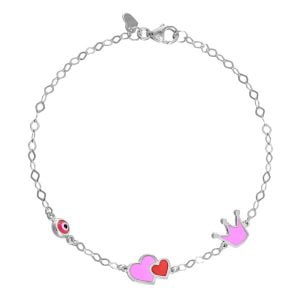Βραχιόλι Ασημένιο 925 Με Διπλή Καρδιά Με Ροζ Και Κόκκινο Σμάλτο, Κορώνα Με Ροζ Σμάλτο Και Ματάκι TGS-21269W