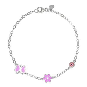 Βραχιόλι Ασημένιο 925 Επιπλατινωμένο Με Μαργαρίτα Πεταλούδα Με Ροζ Σμάλτο & Ματάκι TGS-21275W