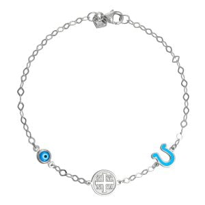 Βραχιόλι Ασημένιο 925 Επιπλατινωμένο Με Στρόγγυλο “IC XC NI KA”, Πέταλο Με Μπλε Σμάλτο & Ματάκι TGS-21289W