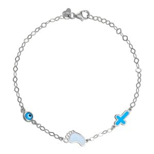 Βραχιόλι Ασημένιο 925 Επιπλατινωμένο Με Πατουσάκι, Σταυρουδάκι Με Σμάλτο & Ματάκι TGS-21291W