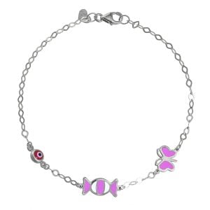 Βραχιόλι Ασημένιο 925 Επιπλατινωμένο Με Καραμέλα Πεταλούδα Με Ροζ Και Άσπρο Σμάλτο & Ματάκι TGS-21276W