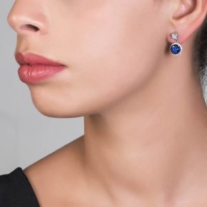 Σκουλαρίκια Κρεμαστά Ροζέτα Ασημένια 925 Με Στρόγγυλη Μπλε Πέτρα Ζιργκον ASZ-21407W