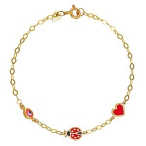 Βραχιόλι Παιδικό Χρυσό Κ9 Με Πασχαλίτσα, Καρδούλα Με Κόκκινο Σμάλτο & Ματάκι TGB-21499Y