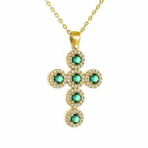 Σταυρός Γυναικείος Με Αλυσίδα 40cm Χρυσός Κ14 Με Πράσινες Πέτρες Ζιργκον & Λευκές Μικρότερες Περιμετρικά MFS-21520W