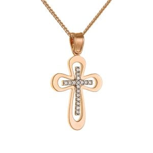Γυναικείος Σταυρός Με Αλυσίδα 40cm Ροζ Χρυσό 14K Λουστρέ Περιμετρικά & Σταυρό Με Λευκές Πέτρες Ζιργκον AFS-21527R