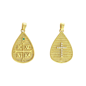Φυλαχτό “IC XC NI KA” Διπλής Όψης Χρυσό Κ14 Με Πράσινη Πέτρα AFK-21515Y