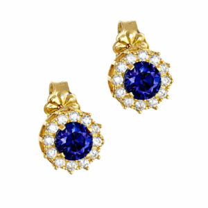 Σκουλαρίκια Χρυσά Κ14 Ροζέτα Με Στρόγγυλη Μπλε Πέτρα Στο Κέντρο & Λευκές Περιμετρικά MSS-21508Y