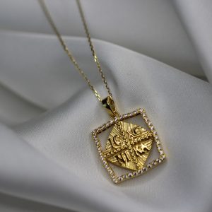 Φυλαχτό Με Αλυσίδα 45cm Χρυσό Κ14 Τετράγωνο “IC XC NI KA” Με Λευκές Πέτρες Ζιργκόν Περιμετρικά AFK-21553YAL