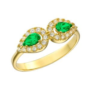 Δαχτυλίδι Γυναικείο Χρυσό 14Κ Διπλό Δάκρυ Με Πράσινες Πέτρες Ζιργκον Σε Σχήμα Δάκρυ Στο Κέντρο & Λευκές Περιμετρικά MSD-21600Y