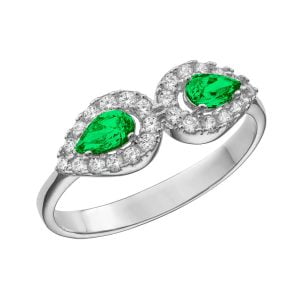 Δαχτυλίδι Γυναικείο Λευκόχρυσο 14Κ Διπλό Δάκρυ Με Πράσινες Πέτρες Ζιργκον Σε Σχήμα Δάκρυ Στο Κέντρο & Λευκές Περιμετρικά MSD-21600W