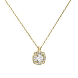 Κολιέ Χρυσό 14Κ Ροζέτα Τετράγωνη Με Στρόγγυλη Κεντρική Λευκή Πέτρα Ζιργκόν & Λευκές Περιμετρικά MSK-21606Y