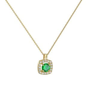 Κολιέ Χρυσό 14Κ Ροζέτα Τετράγωνη Με Στρόγγυλη Κεντρική Πράσινη Πέτρα Ζιργκόν & Λευκές Περιμετρικά MSK-21599Y
