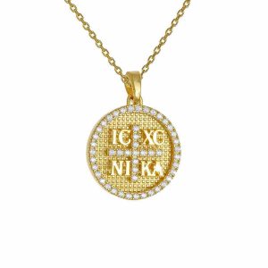 Φυλαχτό Διπλής Όψης Χρυσό Κ14 “IC XC NI KA” Με Λευκές Πέτρες Ζιργκον Περιμετρικά Και Στον Σταυρό Στην Μία Όψη & Αλυσίδα 45cm AFK-21567YAL