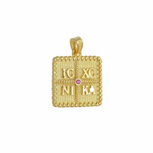 Φυλαχτό Χρυσό Κ14 Τετράγωνο Διπλής Όψης “IC XC NI KA” Με Κόκκινη Στρόγγυλη Πέτρα Ζιργόν Στον Κέντρο AFK-21566Y