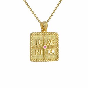 Φυλαχτό Διπλής Όψης Χρυσό Κ14 & Αλυσίδα 45cm Τετράγωνο “IC XC NI KA” Με Κόκκινη Στρόγγυλη Πέτρα Ζιργόν Στον Κέντρο AFK-21566YAL