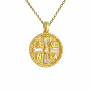 Φυλαχτό Διπλής Όψης Χρυσό Κ14 “IC XC NI KA” Με Λευκές Πέτρες Ζιργκον Στην Μία Όψη AFK-21565YAL