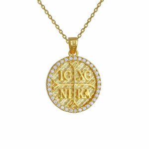 Φυλαχτό Διπλής Όψης Με Αλυσίδα 45cm Στρόγγυλο Χρυσό Κ14  “IC XC NI KA” Με Λευκές Πέτρες Ζιργκόν Στην Μία Όψη & Ανάγλυφο Σταυρό Λουστρέ Στην Άλλη Όψη AFK-21562YAL
