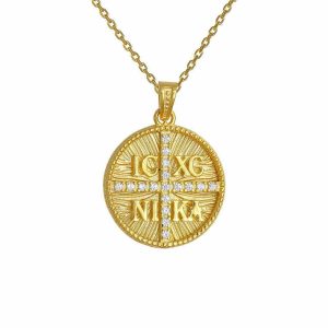 Φυλαχτό Διπλής Όψης Χρυσό Κ14 Κωνσταντινάτο Με Λεπτομέρειες Από Λευκές Πέτρες Ζιργκον & Με Αλυσίδα 45cm  AFP-21561YAL