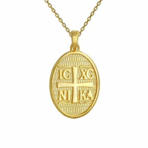Φυλαχτό Διπλής Όψης Με Αλυσίδα 45cm Οβάλ Χρυσό Κ14 “IC XC NI KA” AFK-21559AL
