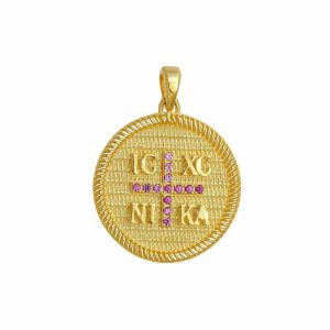 Φυλαχτό Στρόγγυλο Χρυσό Κ14 Διπλής Όψης “IC XC NI KA” Με Κόκκινες Πέτρες Ζιργκόν Στην Μία Όψη & Ανάγλυφο Σταυρό Με Λευκή Πέτρα Ζιργκον Στον Κέντρο Στην Άλλη Όψη AFK-21557Y