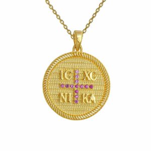 Φυλαχτό Διπλής Όψης Με Αλυσίδα 45cm Στρόγγυλο Χρυσό Κ14  “IC XC NI KA” Με Κόκκινες Πέτρες Ζιργκόν Στην Μία Όψη & Ανάγλυφο Σταυρό Με Λευκή Πέτρα Ζιργκον Στον Κέντρο Στην Άλλη Όψη AFK-21557YAL