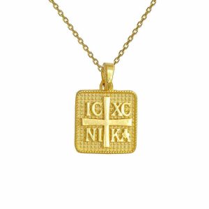 Φυλαχτό Διπλής Όψης Με Αλυσίδα 45cm Χρυσό Κ14 Τετράγωνο “IC XC NI KA” Στην Μία Όψη & Ανάγλυφο Σταυρό Στην Άλλη Όψη AFK-21556YAL