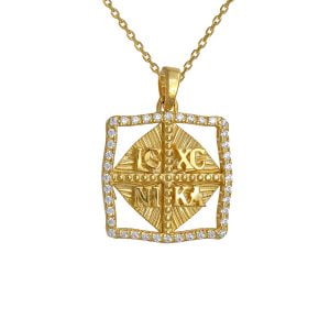 Φυλαχτό Με Αλυσίδα 45cm Χρυσό Κ14 Τετράγωνο “IC XC NI KA” Με Λευκές Πέτρες Ζιργκόν Περιμετρικά AFK-21553YAL