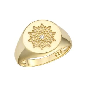 Σεβαλιέ Δαχτυλίδι Ασημένιο 925 Επιχρυσωμένο Με Ανάγλυφο Σχέδιο & Λευκή Ζιργκόν Πέτρα ASZ-21668Y