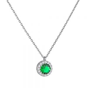 Εντυπωσιακό Κολιέ Ροζέτα Ασημένιο 925 Με Στρόγγυλη Πράσινη Πέτρα Ζιργκον Στο κέντρο Και Λευκές Περιμετρικά ASZ-21630W
