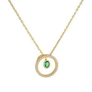 Κολιέ Κύκλος Με Λευκές Πέτρες Ζιργκόν & Καστόνι Με Πράσινη Πέτρα Στο Κέντρο Ασημένιο 925 Επιχρυσωμένο ASZ-21647Y