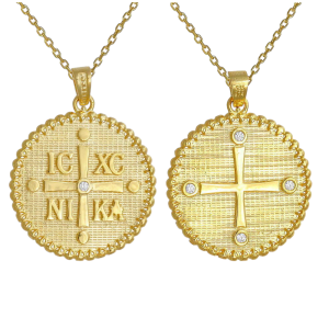 Φυλαχτό Διπλής Όψης Με Αλυσίδα 45cm Στρόγγυλο Χρυσό Κ14 “IC XC NI KA” Με Λευκή Πέτρα Ζιργκόν Στο Κέντρο Στην Μία Όψη & Ανάγλυφο Σταυρό Με Λευκές Πέτρα Ζιργκον Στις Άκρες Στην Άλλη Όψη AFK-21555YAL