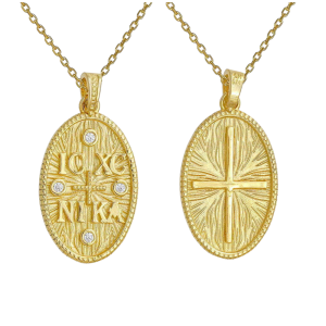 Φυλαχτό Διπλής Όψης Με Αλυσίδα 45cm Οβάλ Χρυσό Κ14 “IC XC NI KA” AFK-21560YAL