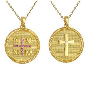 Φυλαχτό Διπλής Όψης Με Αλυσίδα 45cm Στρόγγυλο Χρυσό Κ14  “IC XC NI KA” Με Κόκκινες Πέτρες Ζιργκόν Στην Μία Όψη & Ανάγλυφο Σταυρό Με Λευκή Πέτρα Ζιργκον Στον Κέντρο Στην Άλλη Όψη AFK-21557YAL