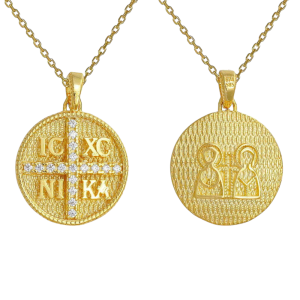 Φυλαχτό Διπλής Όψης Με Αλυσίδα 45cm Στρόγγυλο Χρυσό Κ14 “IC XC NI KA”, Κωνσταντινάτο Με Λευκές Πέτρες Ζιργκόν Στην Μία Όψη AFK-21558YAL
