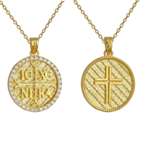 Φυλαχτό Διπλής Όψης Με Αλυσίδα 45cm Στρόγγυλο Χρυσό Κ14  “IC XC NI KA” Με Λευκές Πέτρες Ζιργκόν Στην Μία Όψη & Ανάγλυφο Σταυρό Λουστρέ Στην Άλλη Όψη AFK-21562YAL
