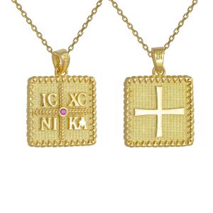 Φυλαχτό Διπλής Όψης Χρυσό Κ14 & Αλυσίδα 45cm Τετράγωνο “IC XC NI KA” Με Κόκκινη Στρόγγυλη Πέτρα Ζιργόν Στον Κέντρο AFK-21566YAL